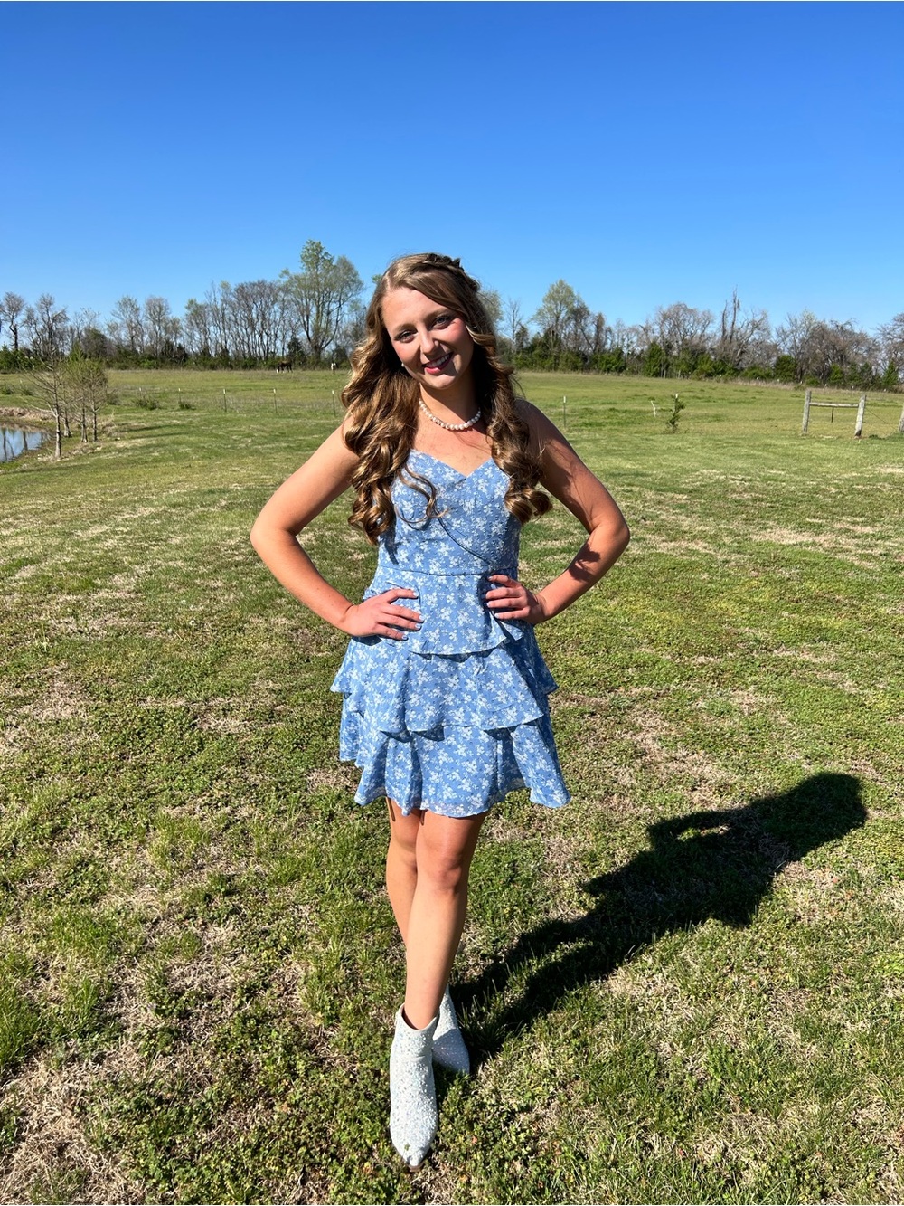 Blue Floral Tiered Mini Dress with Sweetheart Neckline